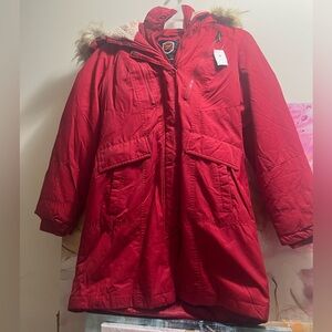 1 Madison Women's Faux Fur-Trim Hooded Parka Jacket, Red sz S